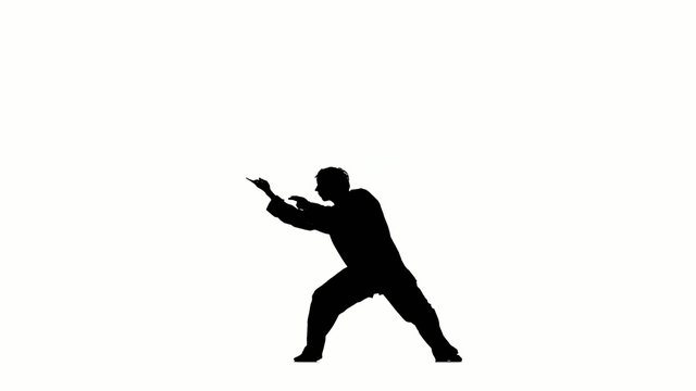 young karate makes rack on a white background, Silhouette, hand