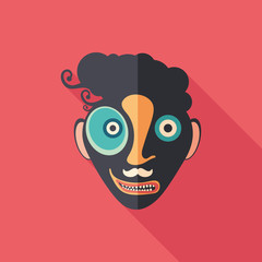 Funny clown flat square icon with long shadows.