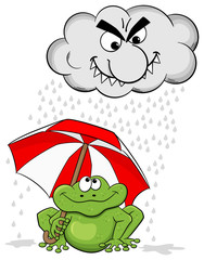 Fototapeta premium Cartoon Frosch mit Regenschirm und fieser Regenwolke