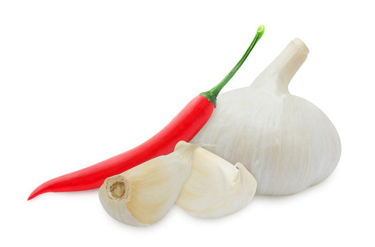 Garlic bulb, clove of garlic and red chilli pepper isolated