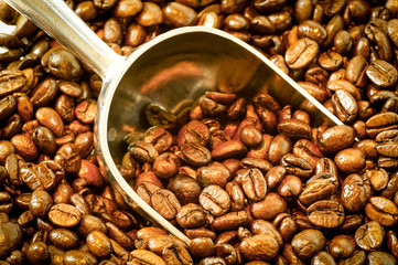 Aluminiumschaufel steckt in Kaffeebohnen, Dosierung