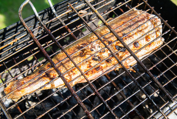 Grilled fish on the barbecue grill