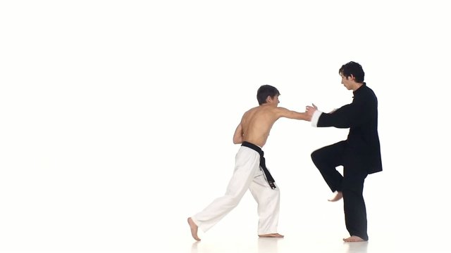 Sparrynh taekwondo and wushu or karate man, blows from each
