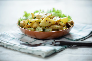 Bratkartoffeln mit Tofustücken und Gurkensalat, vegan