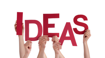 Many People Hands Holding Red Word Ideas
