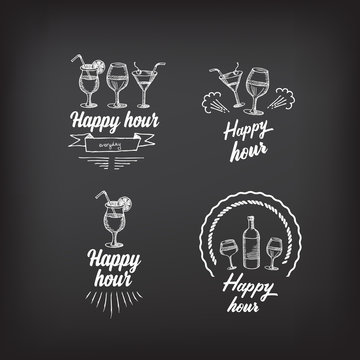 Happy hour party invitation. Cocktail chalkboard banner.