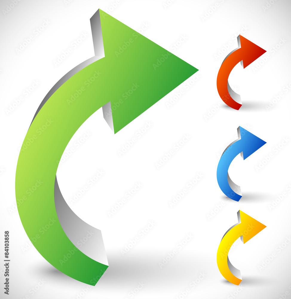 Poster curved 3d arrows in 4 colors. vector