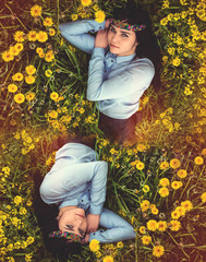 Woman double, girls twins, yellow field of dandelions