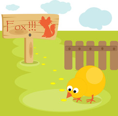 Cartoon young chick in the yard with warning sign.