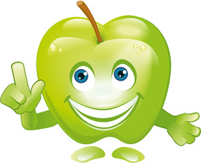 Figur Apfel mit Gesicht lacht und zeigt Hand Achtung