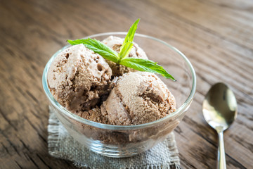 Chocolate ice cream with dessert topping