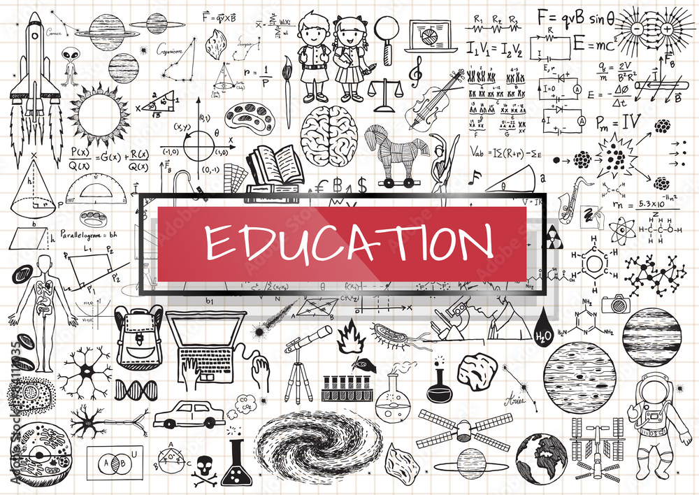 Wall mural educational doodles with 3d red transparent frame.