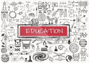 Naklejka premium Educational doodles with 3d red transparent frame.