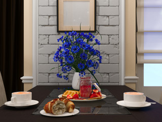 3D illustration of a drawing room and kitchen in style eclectici
