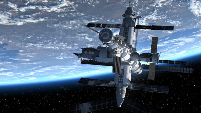 Flight Of The Space Station Above The Earth. 3D Animation. 