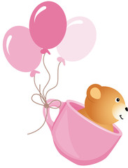 Teddy bear flying in pink cup with balloons