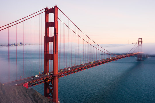Golden Gate Bridge partly in fog. San Francisco. California 