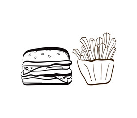 Illustration of doodle burger and fries icon