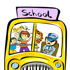 Illustration of doodle school bus with kids