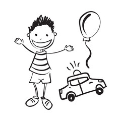 Illustration of hand drawn boy with toys