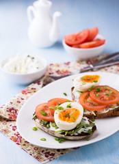Fototapeta na wymiar Rye toast sandwiches with egg and soft cheese