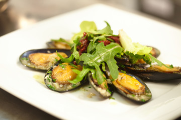 salad with mussels on a white plate