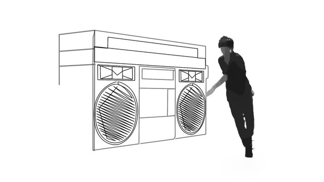A break dancer does moves colored in a cartoon fashion as a boom box appears