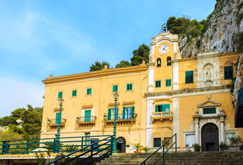 Santuario Santa Rosalia: Facade of a Church in Palermo City, Italy on the Island of Sicily.