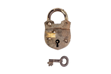 Retro padlock and key isolated on white background - 84122896