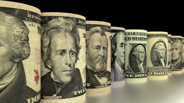 Faling coins with rolled dollars animation. 