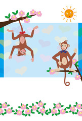サルのカップルとお花とハート模様のメッセージカード