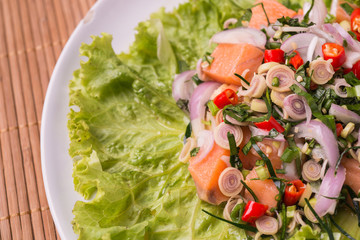 spicy salmon Fresh salad In bold is the Asian counterpart.