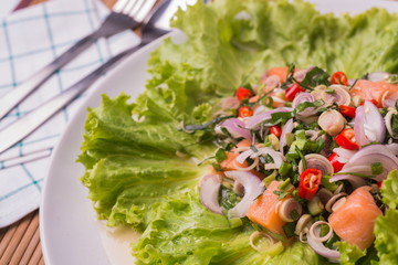 spicy salmon Fresh salad In bold is the Asian counterpart.