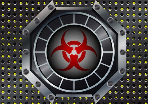Abstract Biohazard Symbol with metal grid on yellow and black st