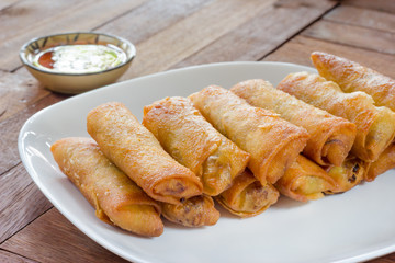 Fried Spring rolls food on wood background