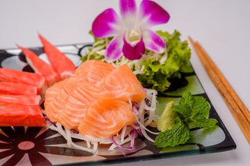 Salmon sashimi Serve with crab Served with wasabi