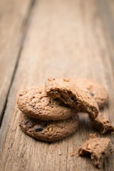 Close up chocolate chip cookies on wood table