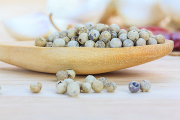 Close up white pepper in wooden spoon