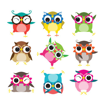 Set of nine cartoon owls with various emotions