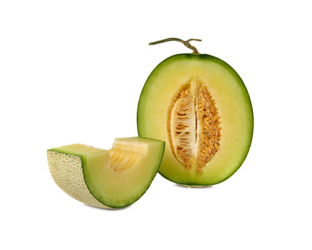ripe green cantaloupe melon with stem on white background