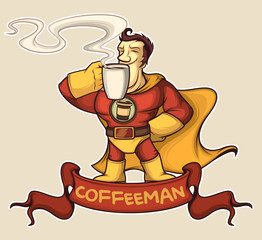 Superhero coffee-man in a suit is enjoying a coffee