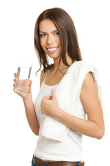 Young happy smiling woman drinking water, isolated
