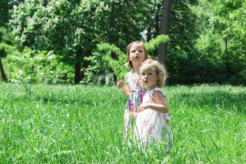 Adorable little girls (sisters) in the summer garden.