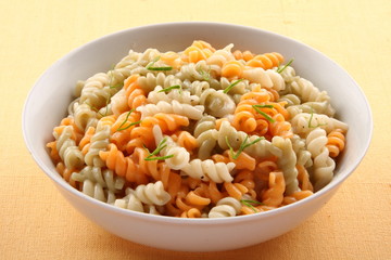 White bowl of pasta.