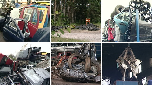 Used car parts and special equipment handle metal scrap. Collage