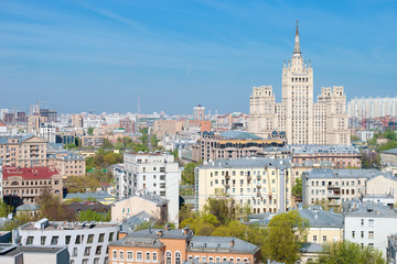 Fototapeta na wymiar Panoramic view on top of the Stalin skyscrapers on Kudrinskaya S