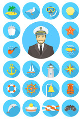 Fototapeta premium Flat nautical icons with young attractive captain
