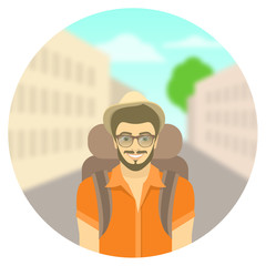 Young man tourist with a backpack on city landscape