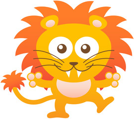 Nice baby lion hugging and smiling enthusiastically