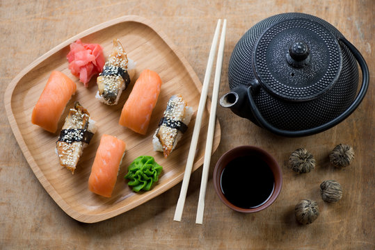 Bamboo Tray With A Sushi Set And Tetsubin Teapot, Above View